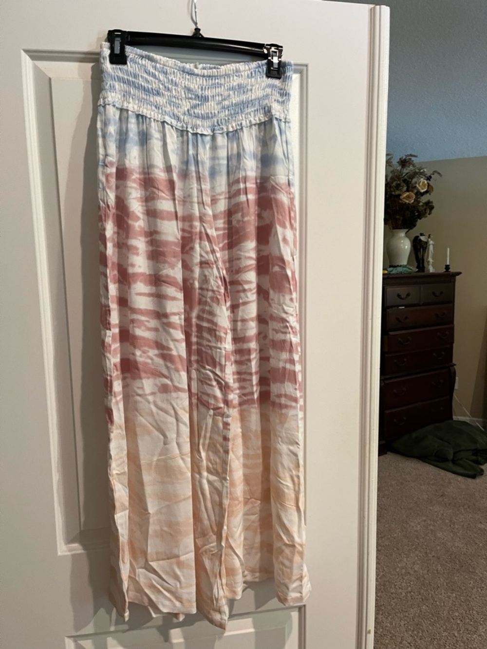 Smocked Waist Tie-Dye Maxi Skirt in Pastel Blue, Rose & Peach
